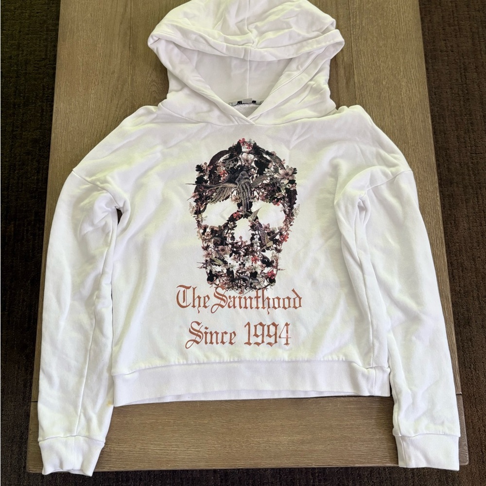 ALLSAINTS White Hoodie with Skull Graphic Print Sz Small